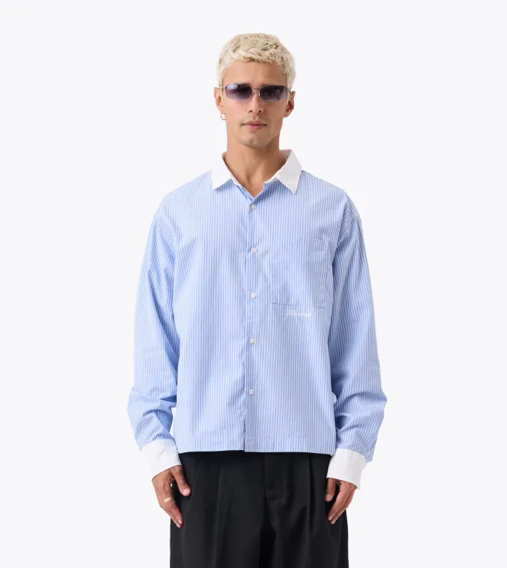 Bankers Box Crop LS Shirt Blue Stripe made by Zanerobe