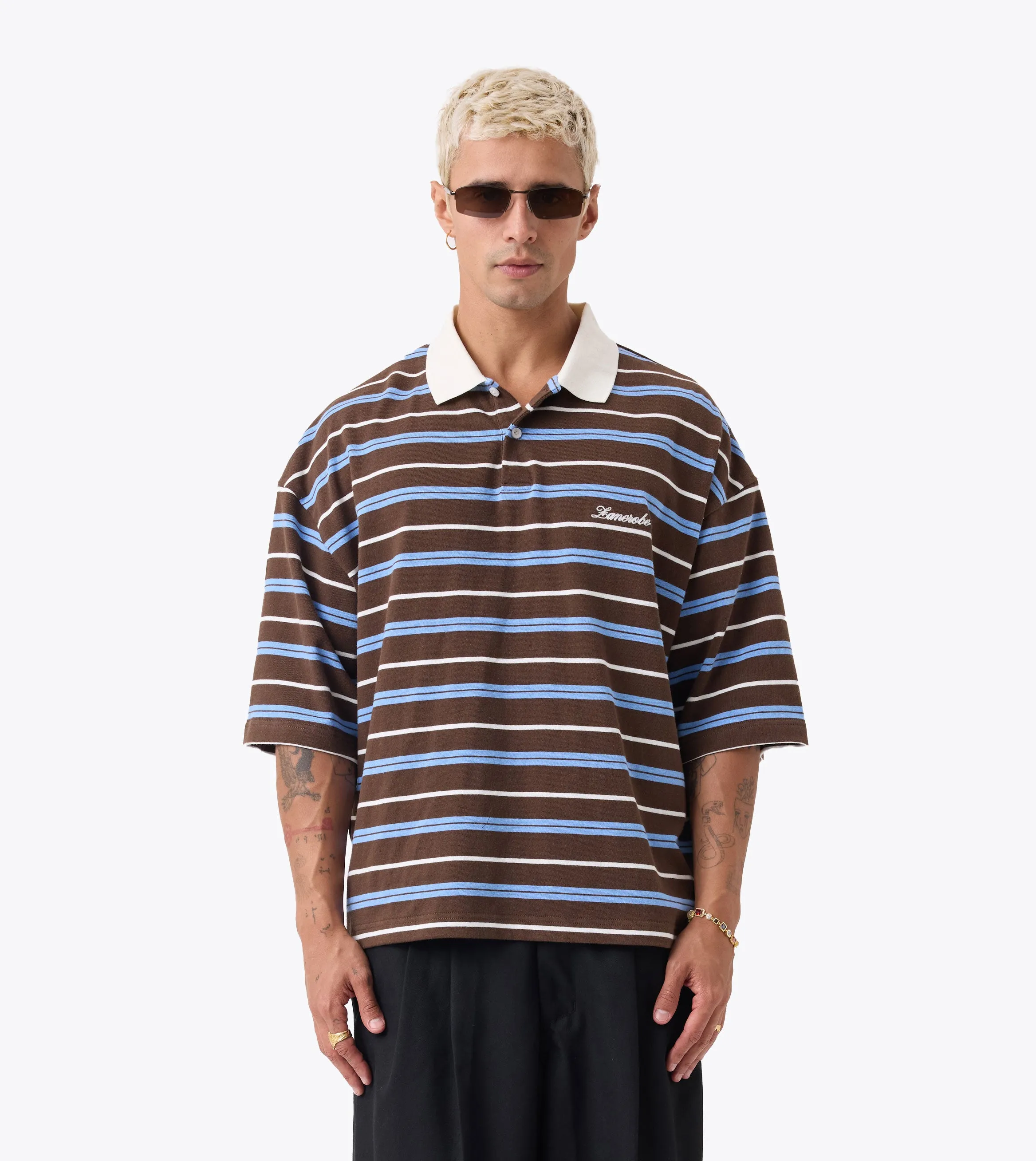 Box Crop Polo Choc/Sky Blue sold by Zanerobe