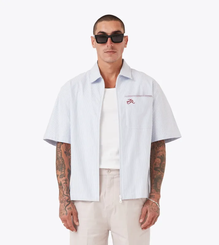 Boxy SS Overshirt 2.0 Blue Stripe sold by Zanerobe