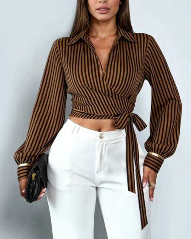 Stylish Striped Long Sleeve Wrap Crop Top sold by zeagoo