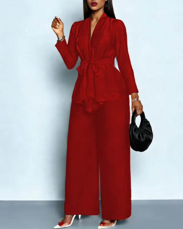 Elegant Formal Tie-Waist Top and Pants Set sold by zeagoo