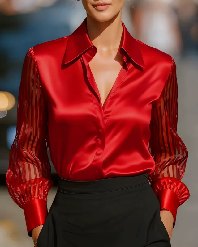 Elegant See-through Long Sleeve Satin Blouse sold by zeagoo