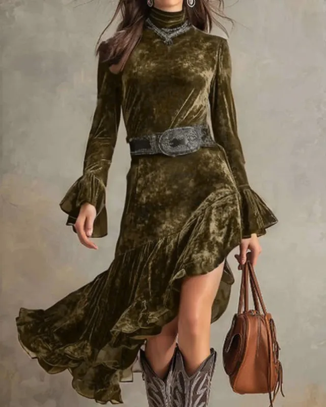 Retro Western Irregular Ruffle Hem Velvet Dress sold by zeagoo