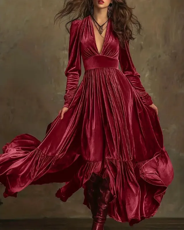 Fashionable Velvet Ruffled Hem Maxi Dress sold by zeagoo
