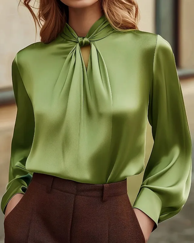 Essential Satin Tie Neck Workwear Blouse sold by zeagoo