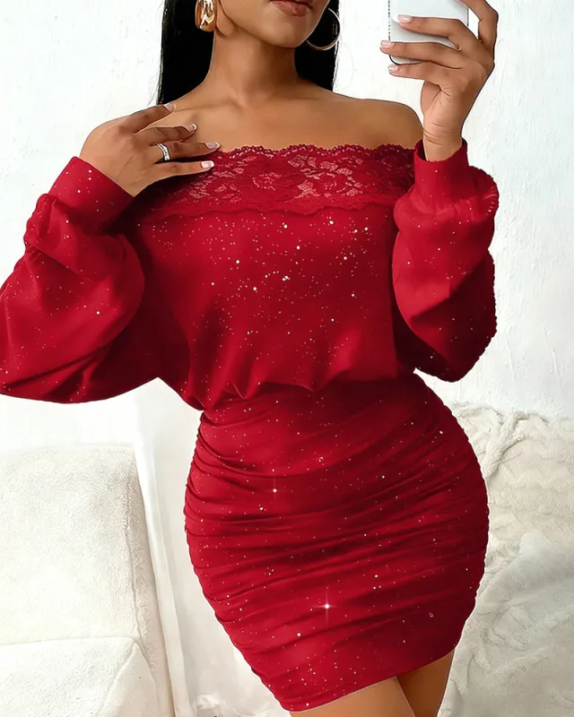 Glitter Off The Shoulder Ruched Bodycon Dress made by zeagoo