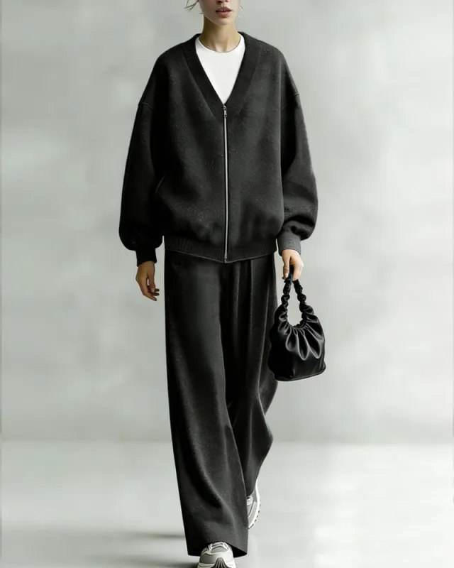 Minimalist Loose Fit Zip Cardigan Pants Set sold by zeagoo
