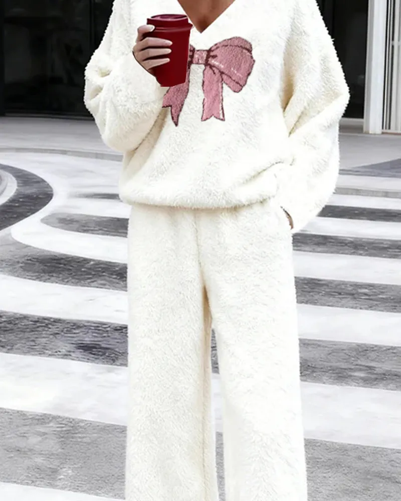 Cozy Plush Fabric Bow Pattern Casual Set sold by zeagoo product image thumbnail 4