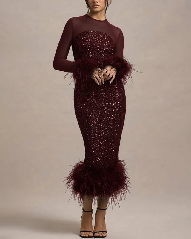 Sequin Mesh Patchwork Feather Hem Bodycon Dress sold by zeagoo