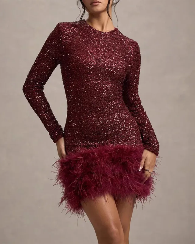 Sparkle Sequin Feather Hem Bodycon Dress sold by zeagoo