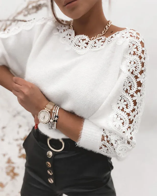 Elegant Lace Trim Fuzzy Knit Sweater sold by zeagoo