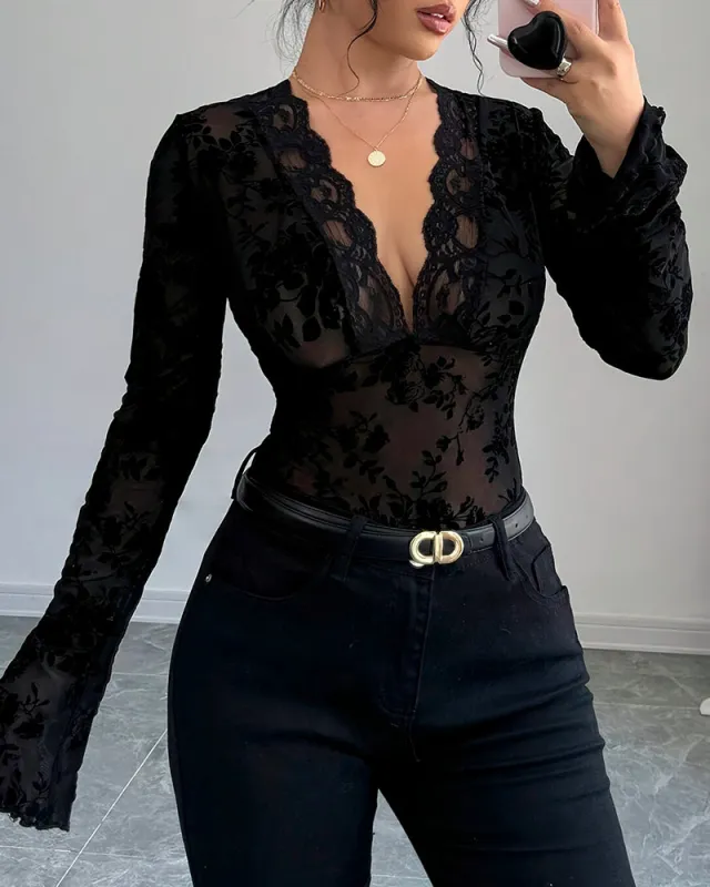 Sexy Floral Lace Bell Sleeve V Neck Top sold by zeagoo