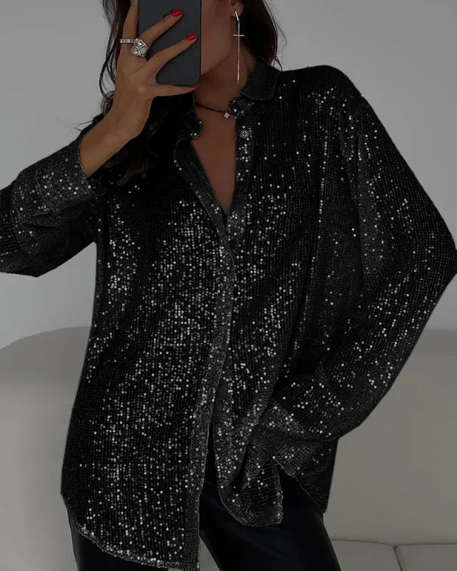 Casual Shiny Sequin Oversized Shirt sold by zeagoo