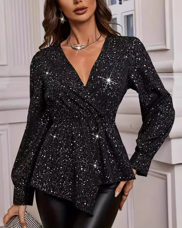 Glitter Asymmetrical V-Neck Blouse made by zeagoo