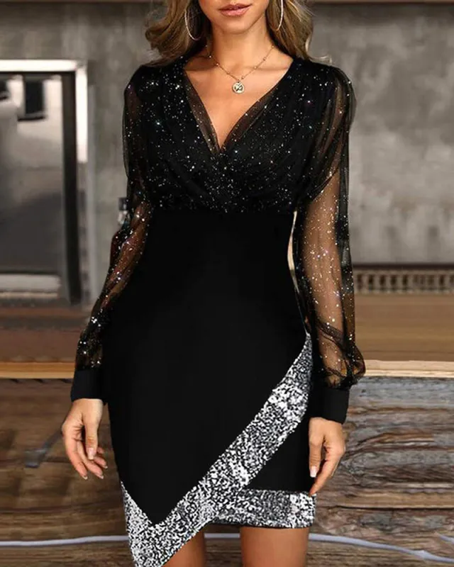 Sequin Patchwork Glitter Mesh Bodycon Dress made by zeagoo