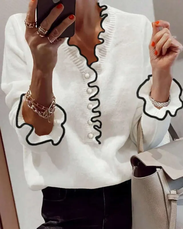 Contrast Color Ruffled Trim V-Neck Knit Top sold by zeagoo