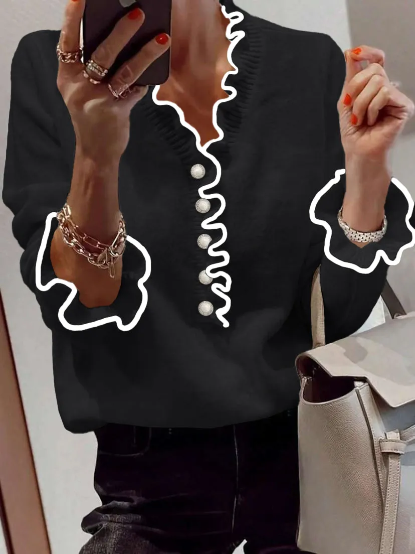 Zeagoo Contrast Color Ruffled Trim V-Neck Knit Top sold by zeagoo product image thumbnail 2