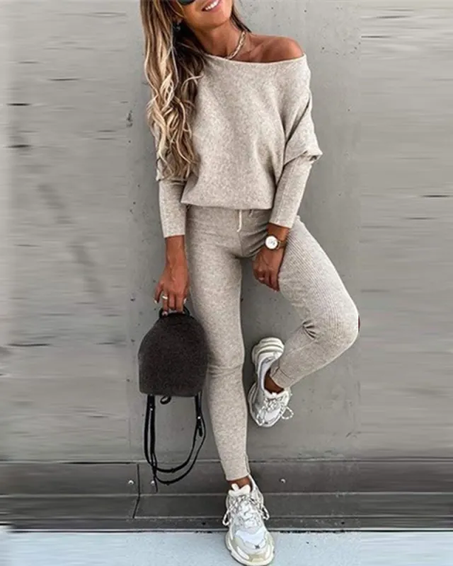 Stylish Off-Shoulder Top and Pants Set sold by zeagoo