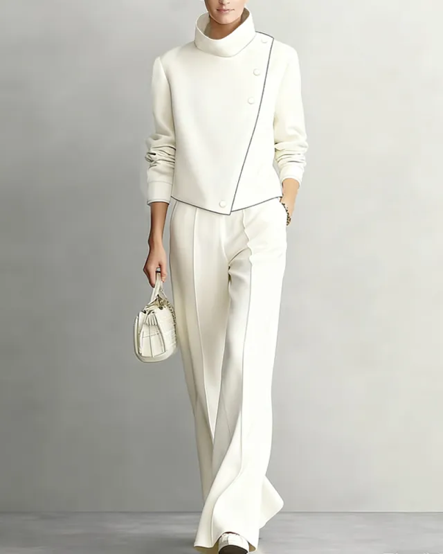 Modern Asymmetric Placket Top and Pants Set sold by zeagoo