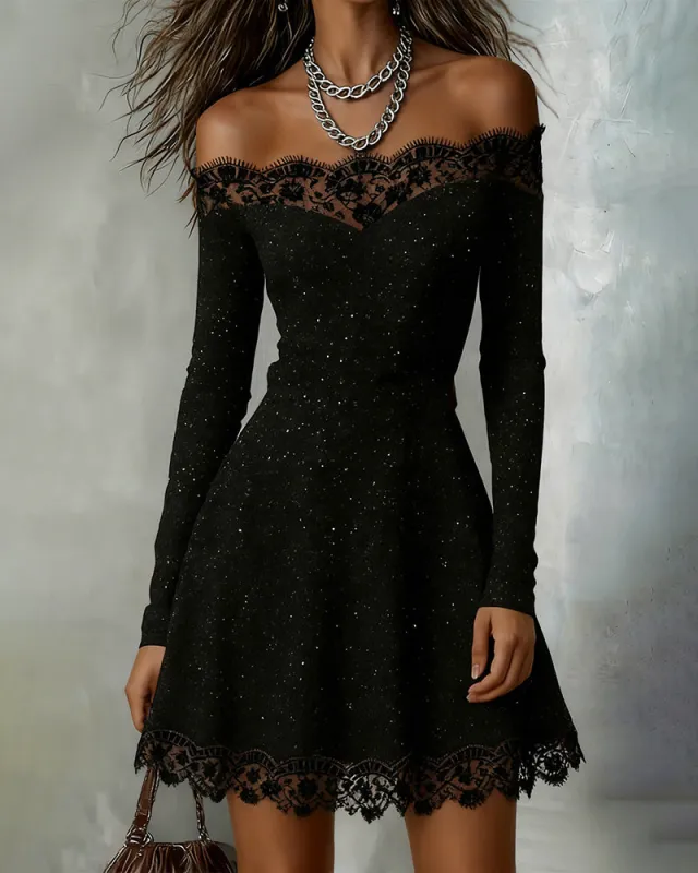 Sparkly Off-Shoulder Lace Dress sold by zeagoo