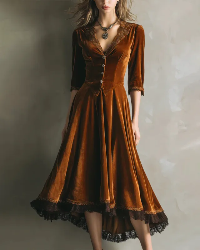 Retro Velvet A-Line Lace Trim Midi Dress sold by zeagoo