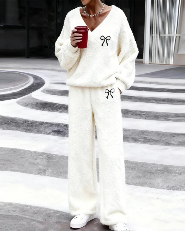 Soft Sweet Bow Embroidered Fleece Matching Set sold by zeagoo