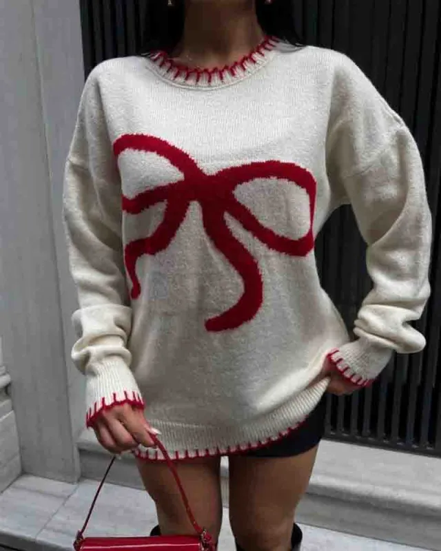 Lovely Contrast Bow Jacquard Sweater sold by zeagoo