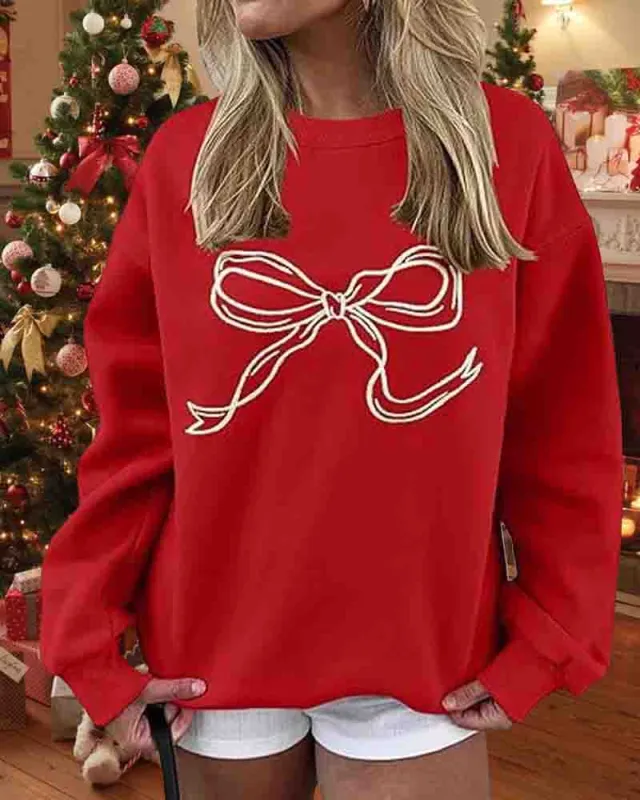Relaxed Fit Christmas Bow Pattern Sweatshirt sold by zeagoo