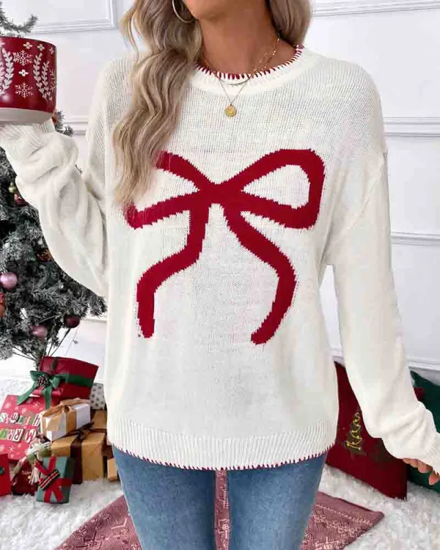 Loose Contrast Big Bow Jacquard Knit Sweater sold by zeagoo