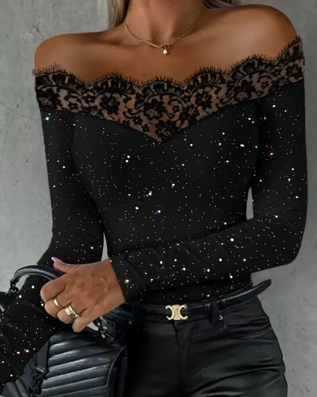 Glitter Off The Shoulder Lace Spliced Top sold by zeagoo