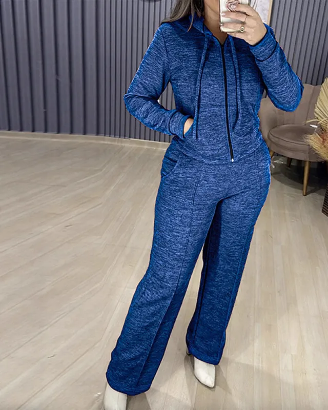 Athleisure Hooded Jacket Wide Leg Pants Set sold by zeagoo