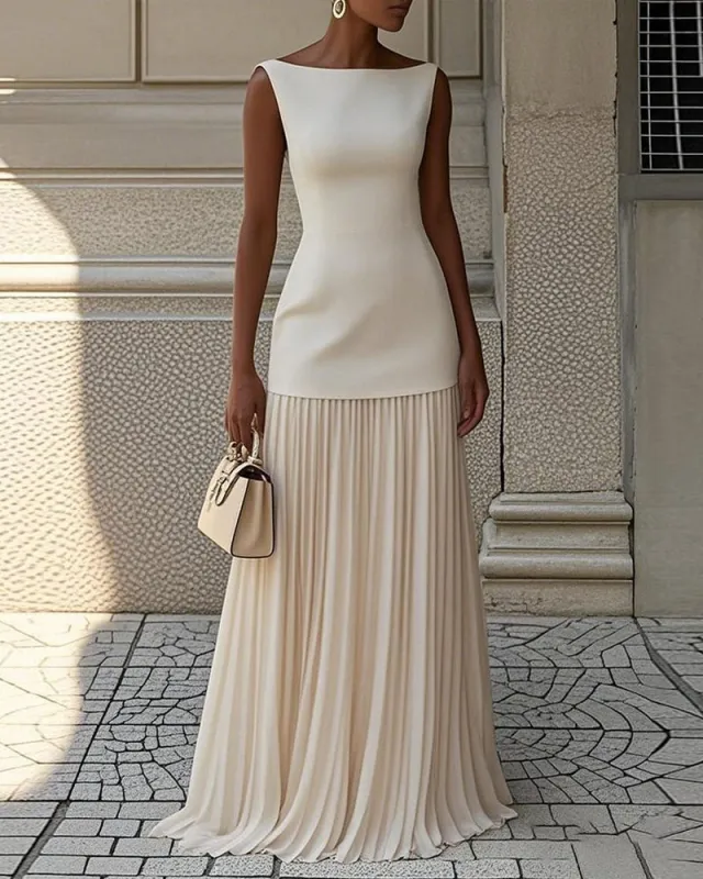 Elegant Boatneck Top and Pleated Maxi Skirt Set sold by zeagoo