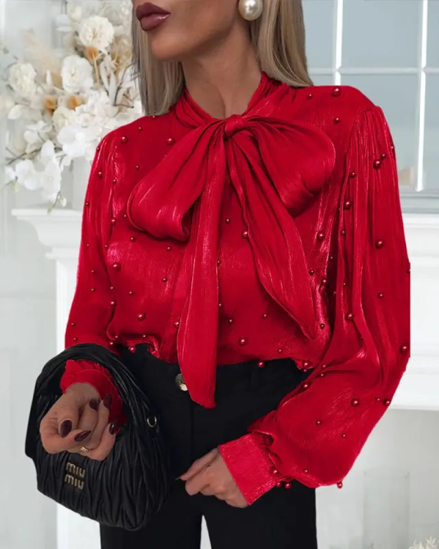 Elegant Pearl Embellished Bow Tie Shirt sold by zeagoo