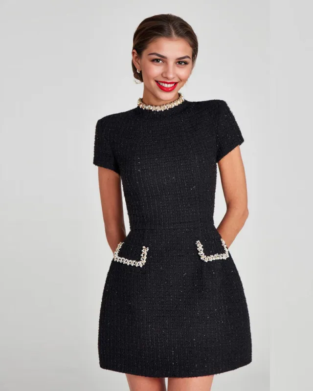 Elegant Fitted Pearl Trim Tweed Dress made by zeagoo