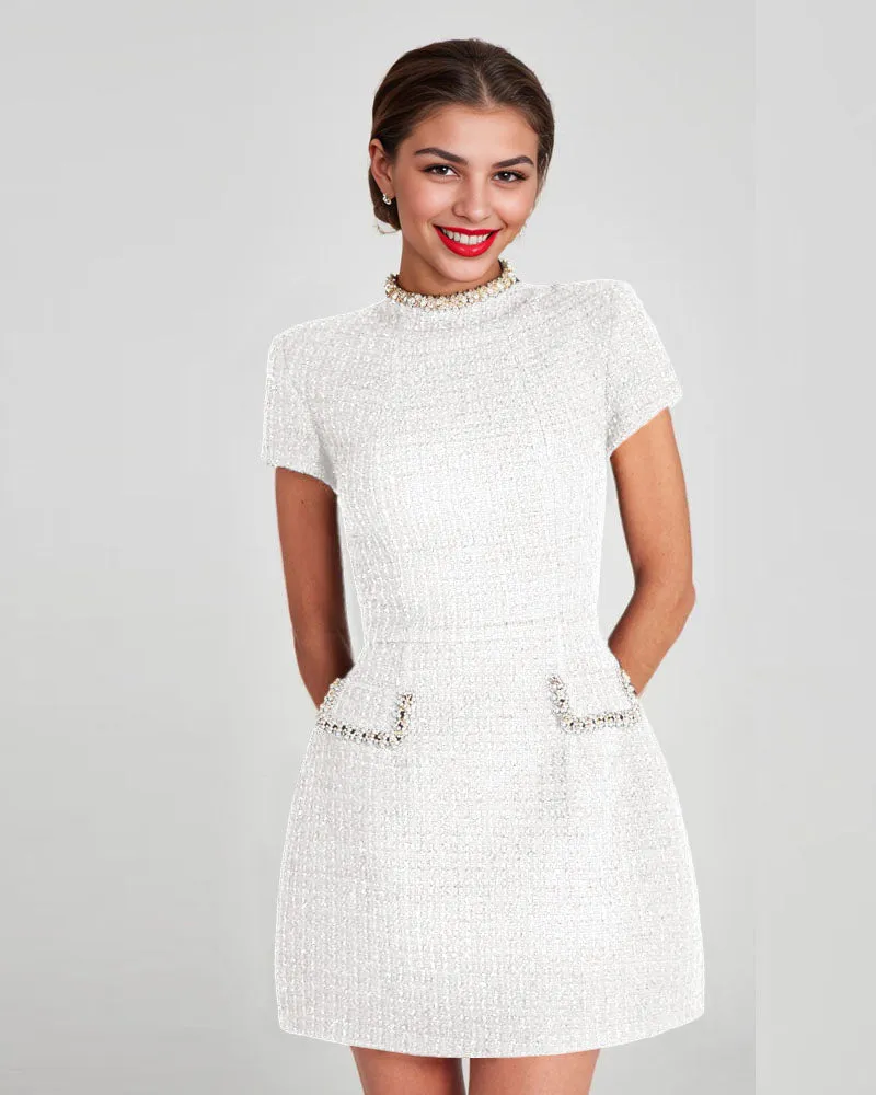 Elegant Fitted Pearl Trim Tweed Dress sold by zeagoo product image thumbnail 2