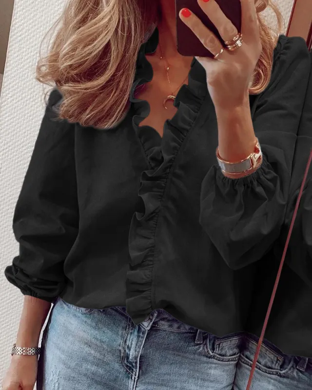 Elegant Ruffle V-Neck Top sold by zeagoo
