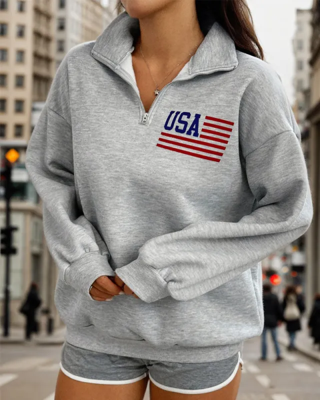 Casual Sporty Style Quarter Zip Sweatshirt sold by zeagoo