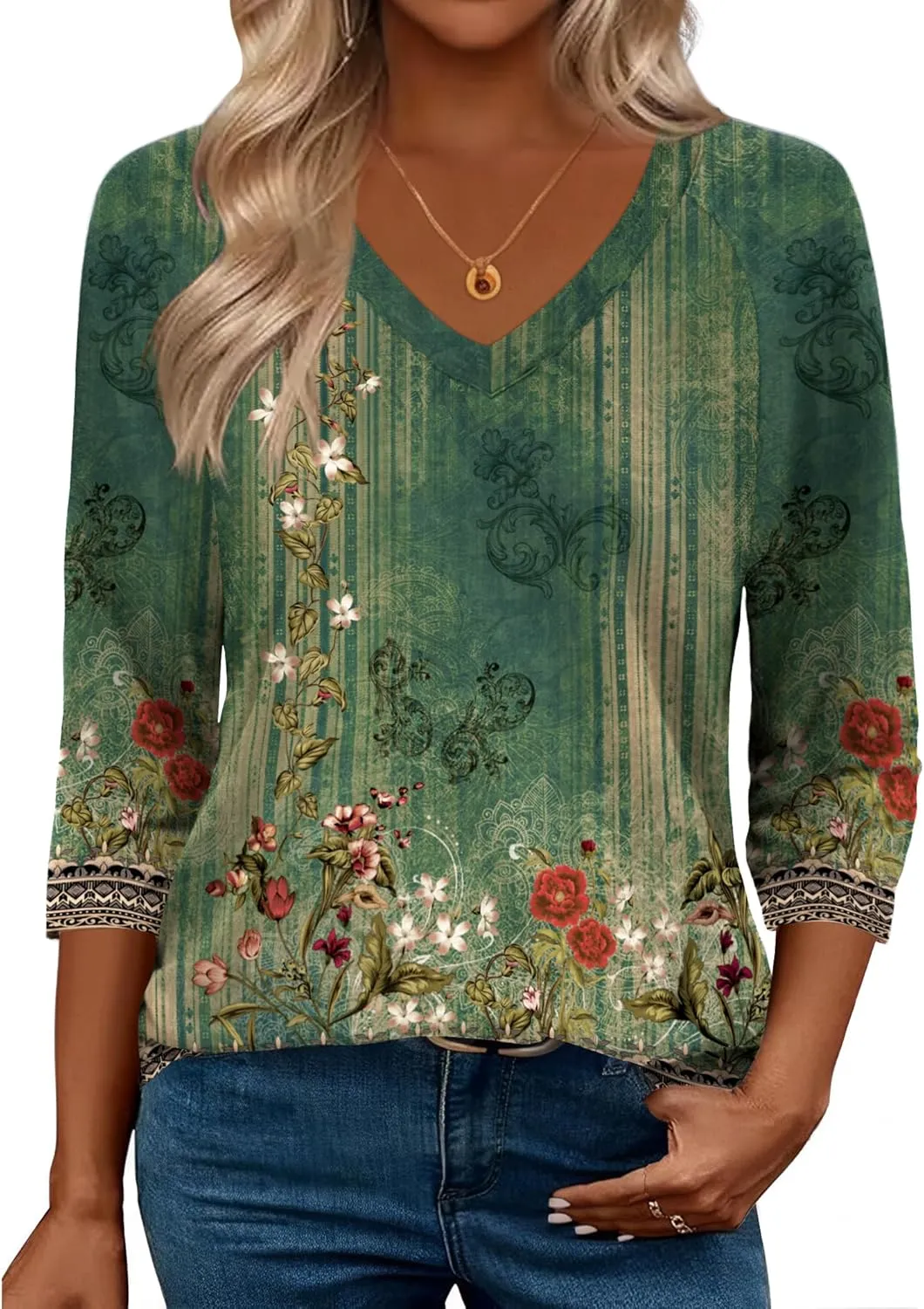 Zeagoo 3/4 Length Sleeve Womens Tops Casual V Neck Shirts Soft Basic Tees Business Work Blouses sold by zeagoo product image thumbnail 5