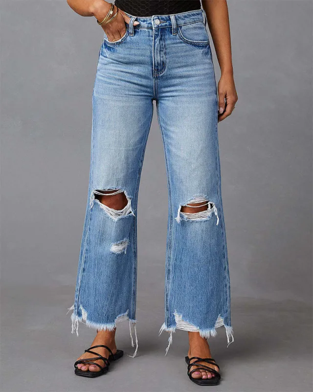 Distressed High Waist Straight Jeans sold by zeagoo