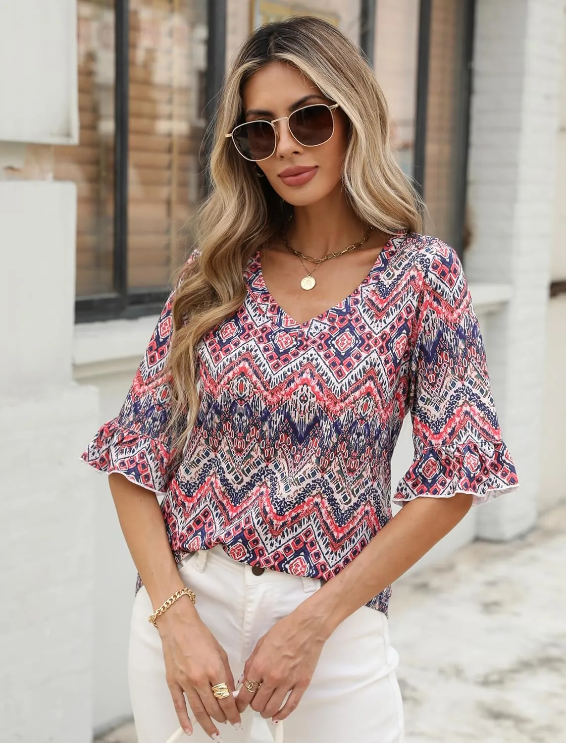 Zeagoo Womens Ruffle 3/4 Sleeve Top V Neck Shirts sold by zeagoo product image thumbnail 3