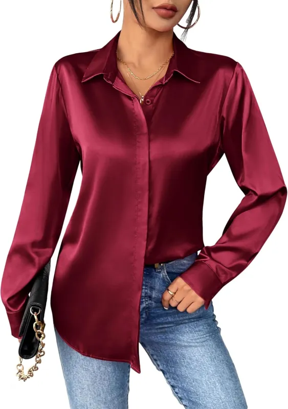 Zeagoo Women's Satin Blouse Elegant V-Neck Silk Blouse (DE Only) made by zeagoo