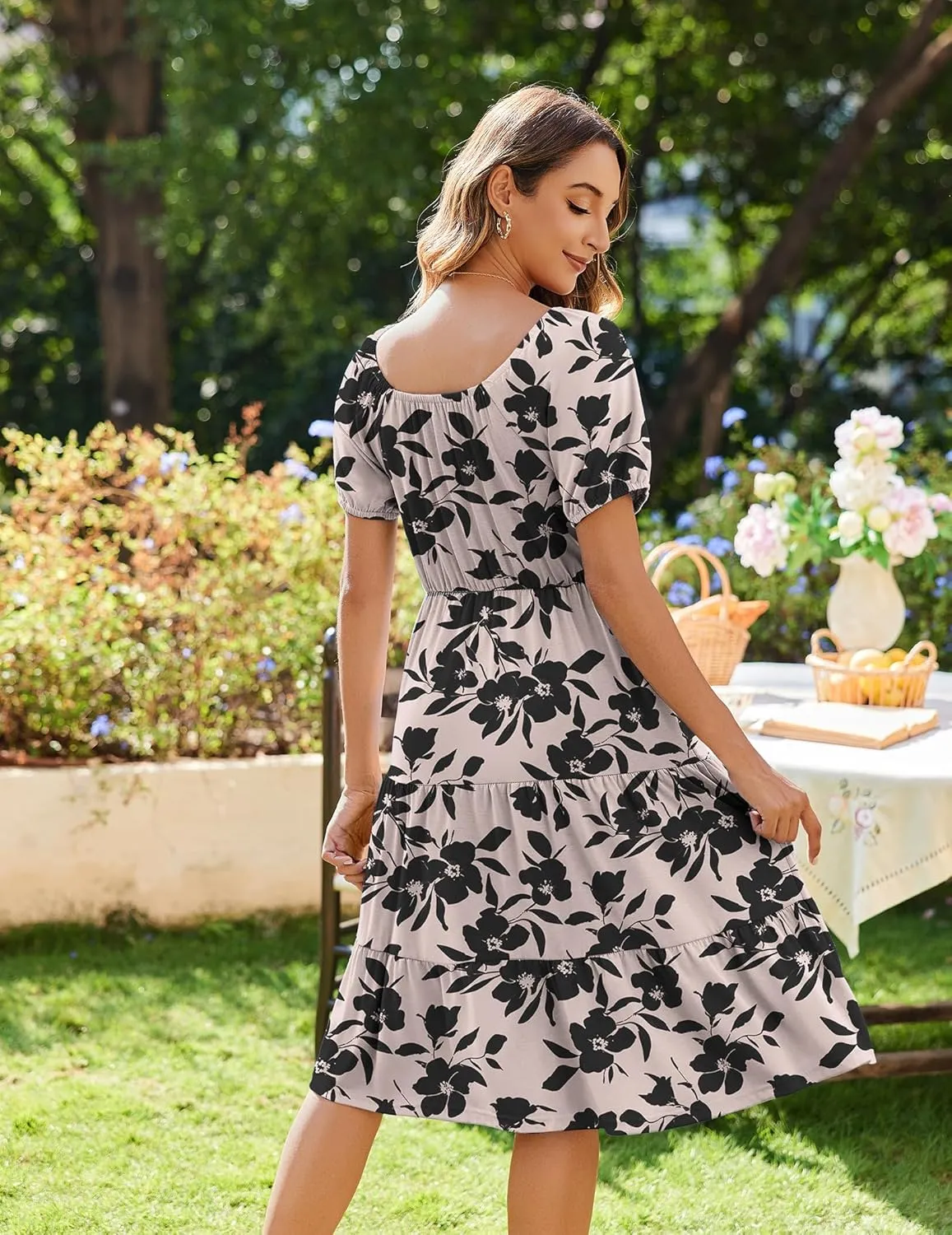 Zeagoo Womens Casual Dress Square Neck Puff Sleeve Boho Dress sold by zeagoo product image thumbnail 4