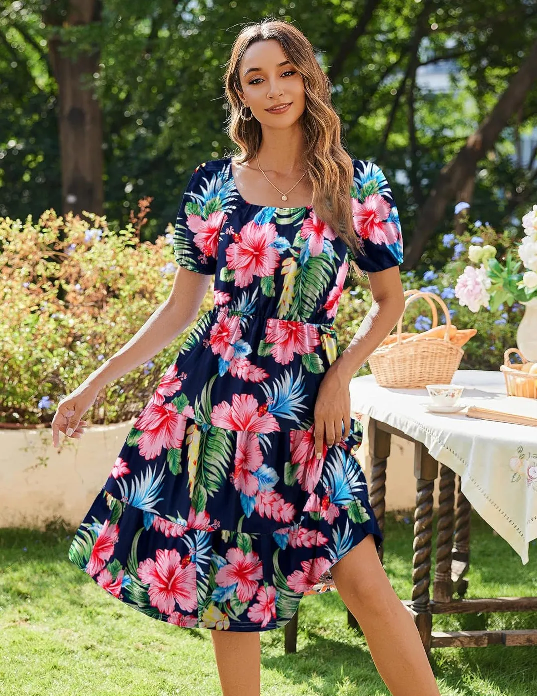 Zeagoo Womens Casual Dress Square Neck Puff Sleeve Boho Dress sold by zeagoo