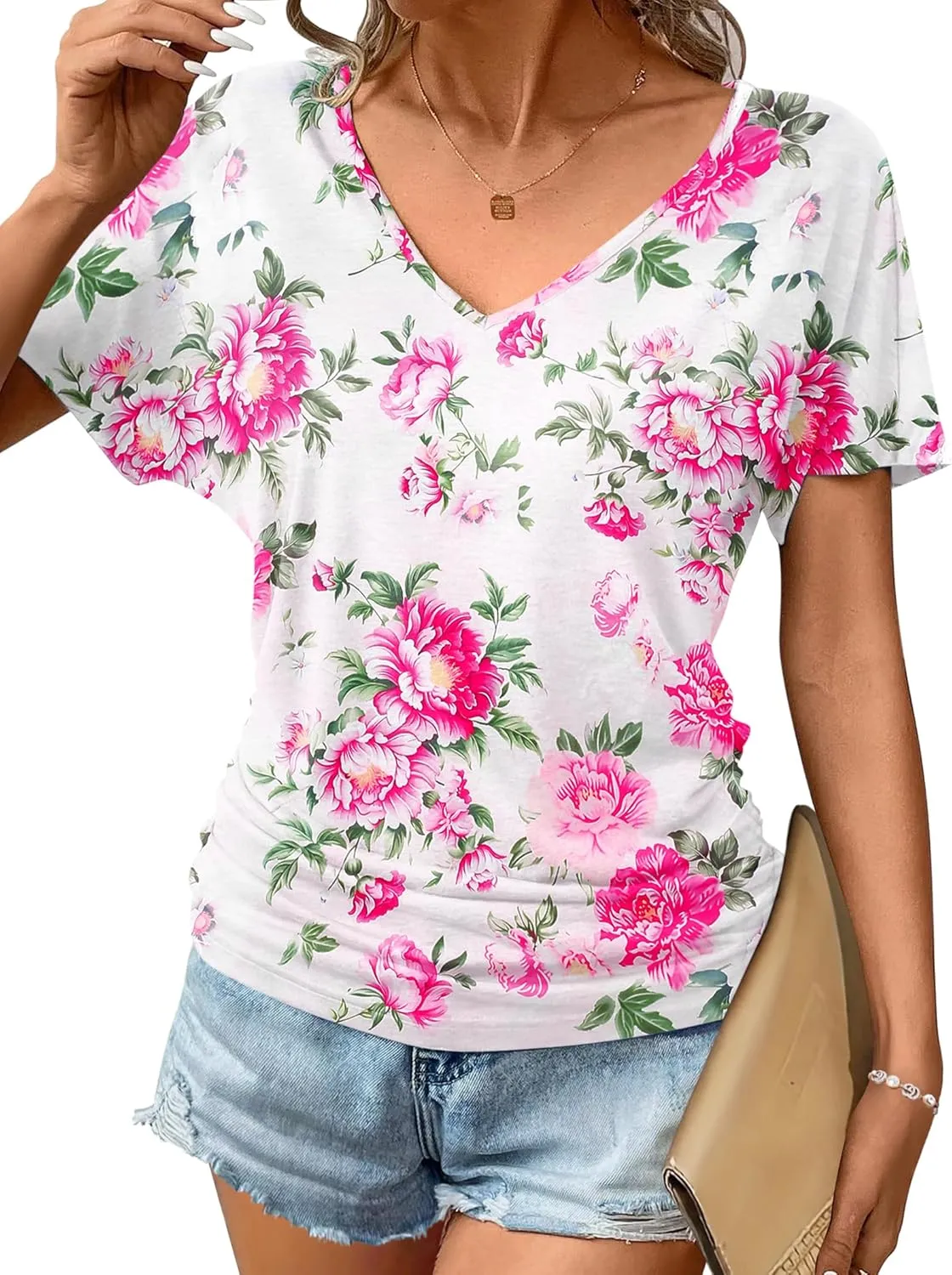 Zeagoo Women's Short Sleeve V Neck Blouse Ruched Casual Tunic Tops sold by zeagoo product image thumbnail 3