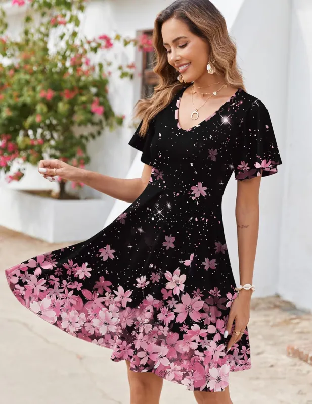 Zeagoo Womens Casual Swing Floral Ruffle Short Sleeve Sundresses sold by zeagoo