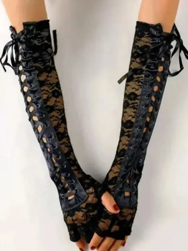 Lace Up Long Fingerless Gloves sold by zeagoo