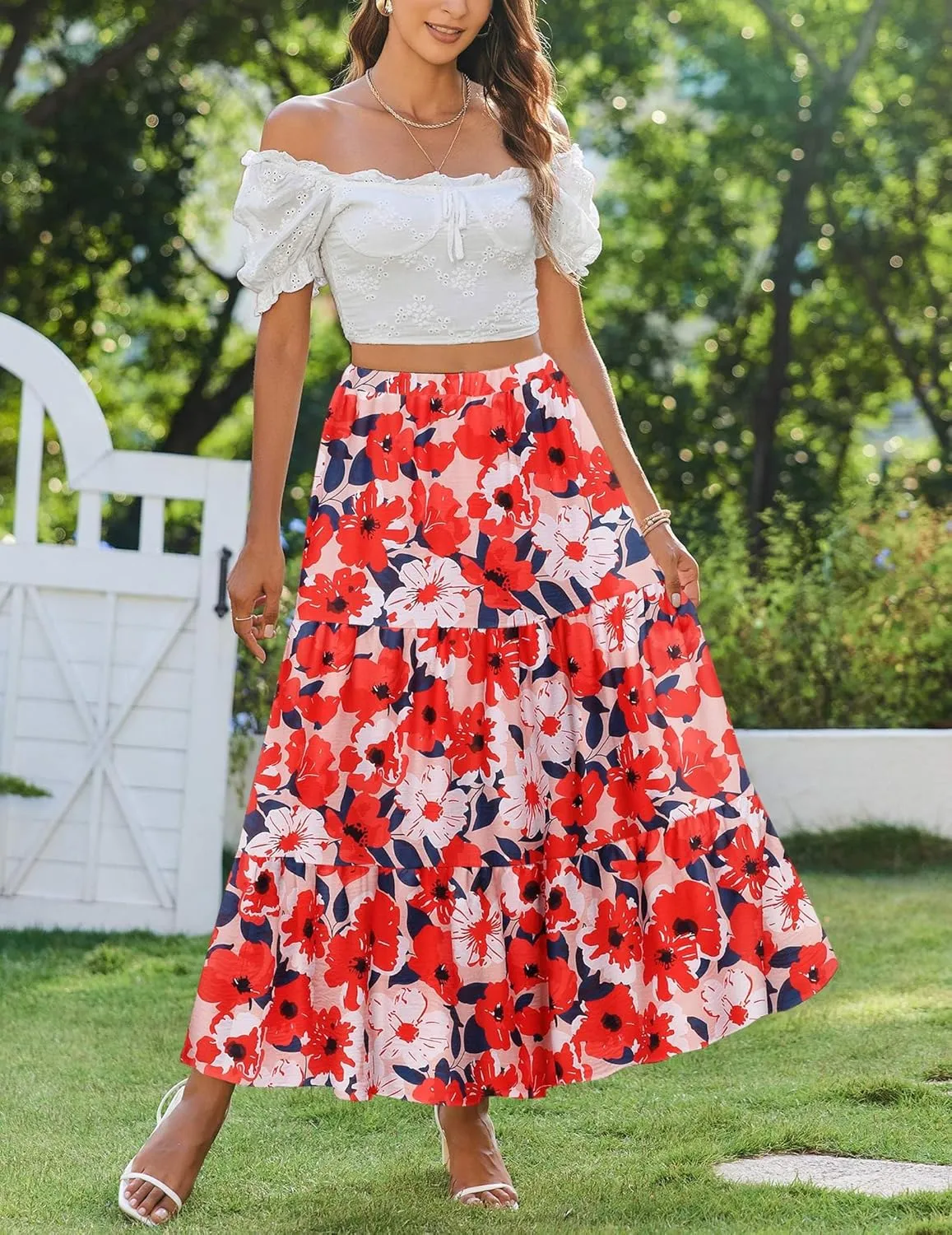 Zeagoo Boho Maxi Flowy Elastic A-Line Tiered Floral Skirts sold by zeagoo product image thumbnail 3