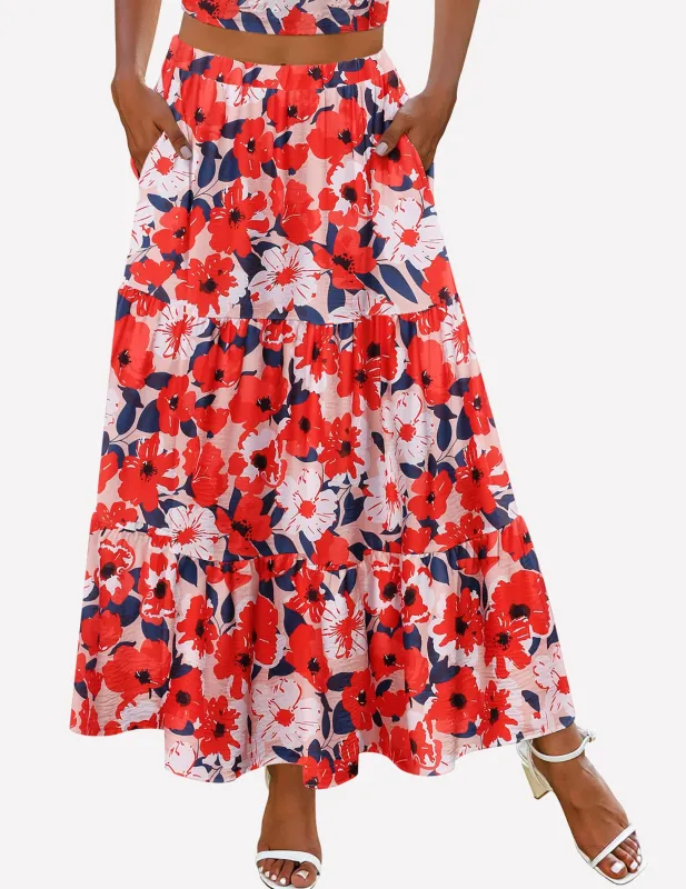 Zeagoo Boho Maxi Flowy Elastic A-Line Tiered Floral Skirts made by zeagoo