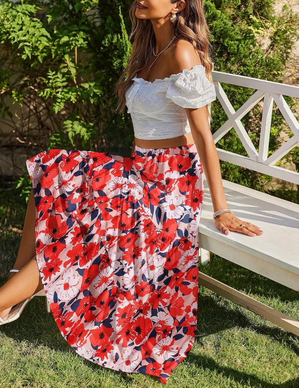 Zeagoo Boho Maxi Flowy Elastic A-Line Tiered Floral Skirts sold by zeagoo product image thumbnail 5