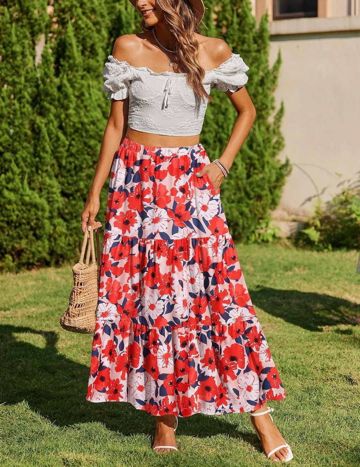 Zeagoo Boho Maxi Flowy Elastic A-Line Tiered Floral Skirts sold by zeagoo product image thumbnail 2